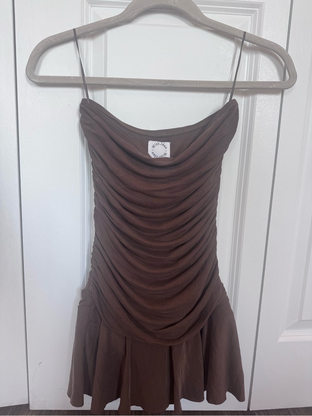 With Jean Brown Ruched Spaghetti Strap Mini Dress